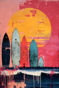 A sunset painting showcasing a row of surfboards against an orange sky. The tints and shades create a beautiful horizon on the watercolor art