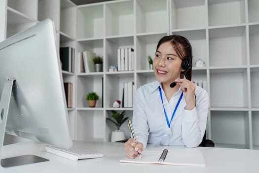 Customer service, woman and happy call center agent giving advice online using a headset.