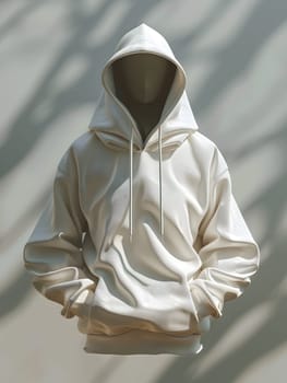 A white hoodie made of natural material with fur trim on the collar and sleeves is hanging on a mannequin, showcasing a trendy fashion design