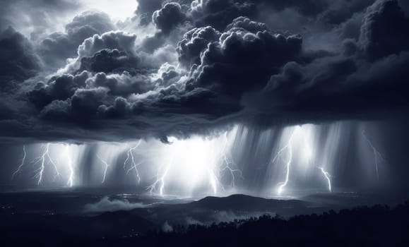 Night over wooded hills with fog. Thunderclouds, rain and lightnings. Aerial view. AI generated