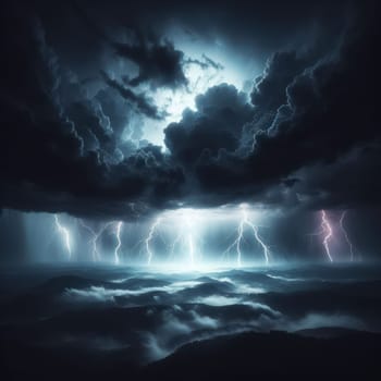 Night over forested mountains with fog. Thunderclouds, rain and lightnings. Aerial view. AI generated