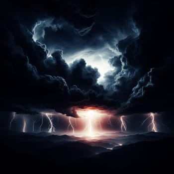 Night over hilly terrain. Thunderclouds, rain and lightning. Aerial view. AI generated