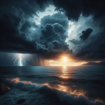 Dawn over the sea. Thunderclouds, rain and lightning. Aerial view. AI generated