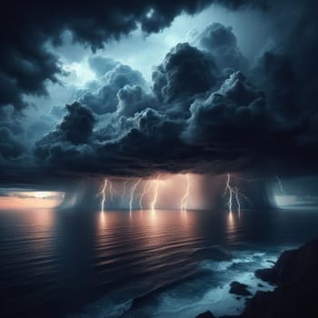 Rocky coast and dawn over the sea. Thunderclouds, rain and lightnings. Aerial view. AI generated