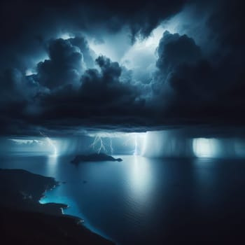 Night over the sea. Thunderclouds, rain and lightnings. Aerial view. AI generated