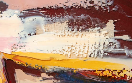 A fragment of the oil painting art. Art was painted with a palette knife and oil paints on round plywood. Conceptual abstract picture.
