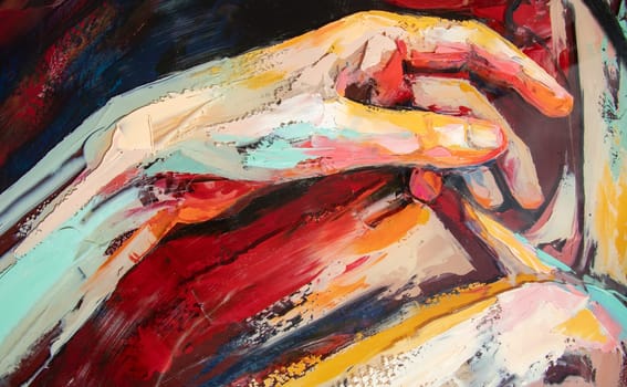 A fragment of the oil painting art. Art was painted with a palette knife and oil paints on round plywood. Conceptual abstract picture.