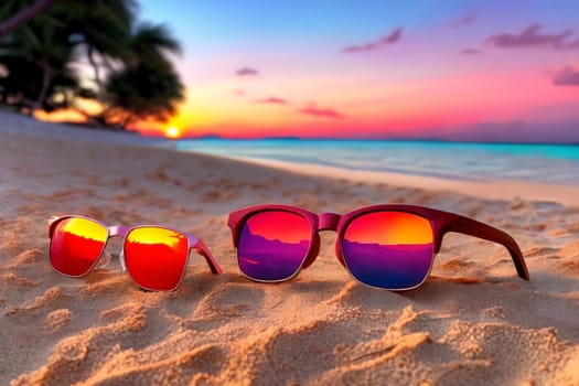 A refreshing glass of vibrant orange juice, beside a ripe orange fruit, on a sandy beach as the sun dips below the horizon in a blaze of warm colors.