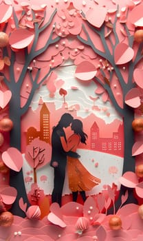 An artistic paper cut of a couple kissing among pink blossoms and green plants. A romantic event captured in red petals and tree branches