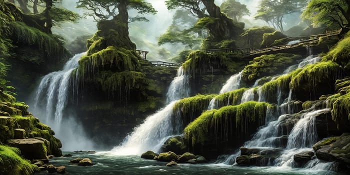 Scene Setting. Majestic waterfall cascading down a rocky cliff, surrounded by lush greenery.