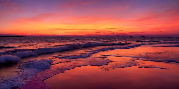 Sunset over the sea, waves on the foreground, panorama