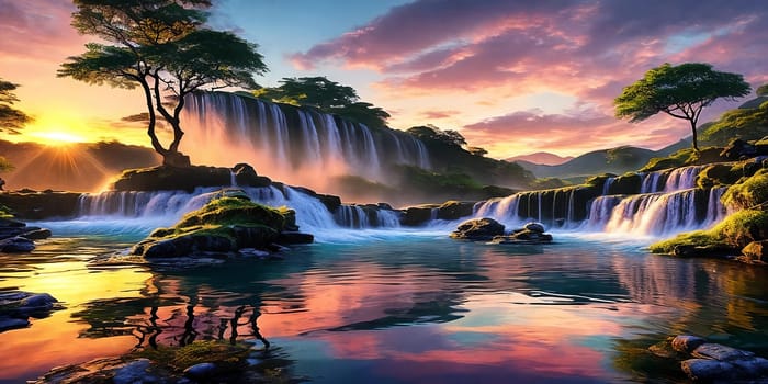 Waterfall reflecting the colors of the sunset in its shimmering waters, creating a mirror-like effect that adds depth and visual interest to the illustration.