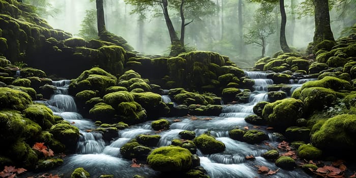 Texture of the elements in the scene, such as the jagged rocks, cascading water, and swaying foliage.