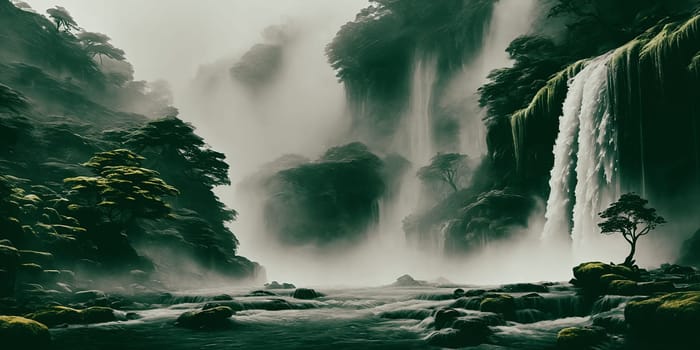 Atmospheric Effects. Atmospheric effects like mist or haze around the base of the waterfall, creating a dreamy and magical ambiance