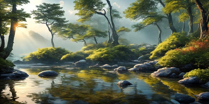 A breathtaking scene at dusk. Serene mountain forest by a glittering lake with a tent pitched