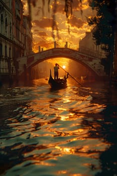 A man is peacefully gliding on a gondola along a serene canal as the sun sets, casting a warm golden light over the tranquil water