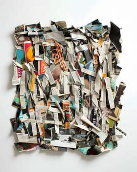 A collage of magazines on a white wall, showcasing vibrant fashion designs and accessories. The mix of textures and patterns create an artistic display