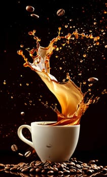 Coffee cup with splashes and coffee beans flying in the air on a dark background.