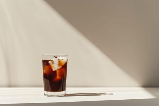 A glass of iced black coffee on white background and Clean composition, minimal style.