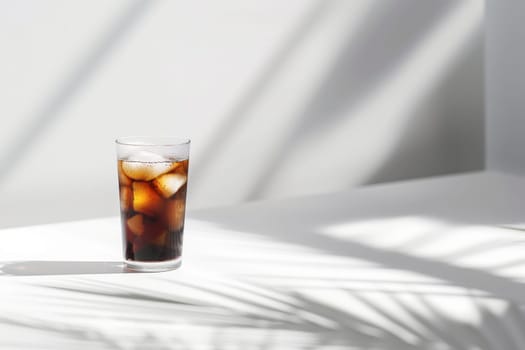 A glass of iced black coffee on white background and Clean composition, minimal style.