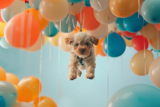 adorable puppy flying with air balloons, dog floating in the sky with a bunch of colorful balloons.