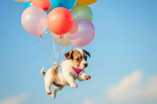 adorable puppy flying with air balloons, dog floating in the sky with a bunch of colorful balloons.