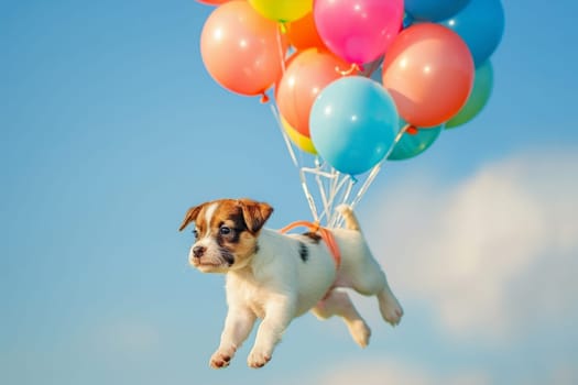 adorable puppy flying with air balloons, dog floating in the sky with a bunch of colorful balloons.