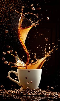 Coffee cup with splashes and coffee beans flying in the air on a dark background.