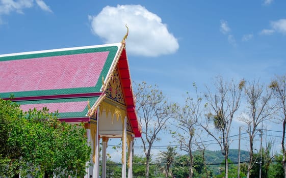 Phuket, Thailand - February 27, 2024: Detailed view of the pagoda at Phuket's largest Buddhist Temple Wat Chalong.