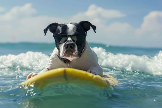 a dog wearing sunglasses riding a surfboard, summer activity.