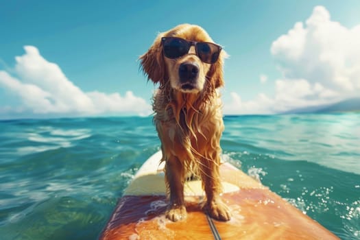 a dog wearing sunglasses riding a surfboard, summer activity.