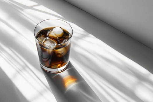 A glass of iced black coffee on white background and Clean composition, minimal style.