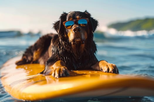 a dog wearing sunglasses riding a surfboard, summer activity.