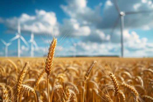Close up view on a golden wheat with clean energy wind turbines in the background.