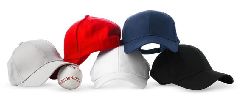A collection of baseball caps in various colors neatly arranged next to a single baseball, all set against a clean white backdrop