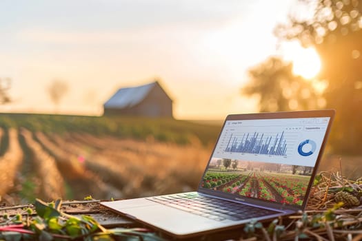 a farm and a laptop screen that shows a graph of the firm productivity, technology in agriculture.