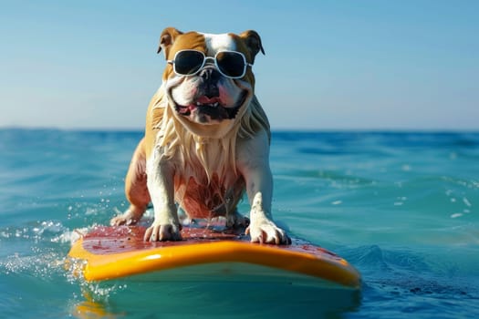 a dog wearing sunglasses riding a surfboard, summer activity.