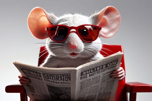 Gray mouse reading a newspaper wearing glasses, isolated on a white background