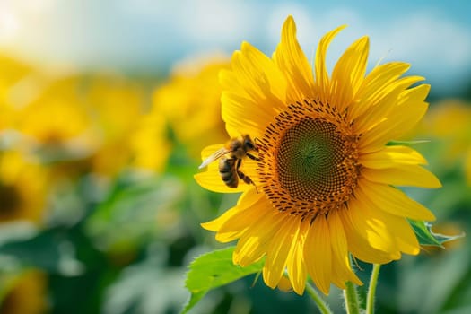 Sunflower with a honey bee with a blue sky on background, pollinates and collects honey.