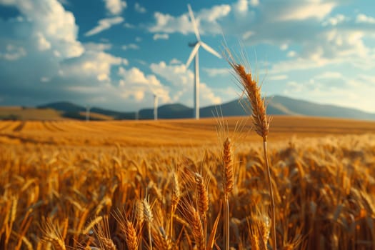 Close up view on a golden wheat with clean energy wind turbines in the background.