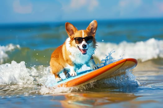 a dog wearing sunglasses riding a surfboard, summer activity.