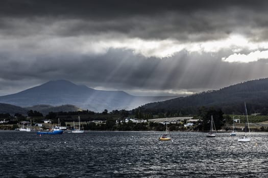 DOVER AUSTRALIA - FEBRUARY 25, 2024: Views of the quaint town of Dover and the Port of Esperance waterfront on the Southern Peninsula in Huon Valley, Tasmania, Australia