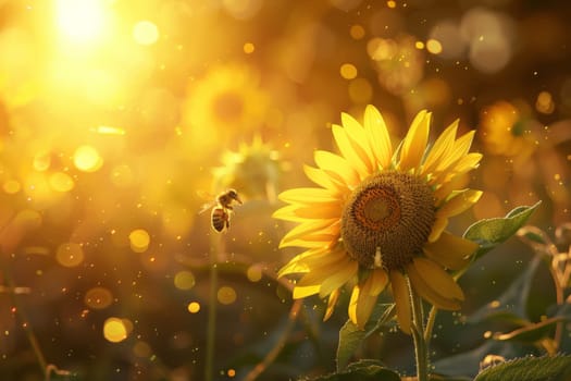 Sunflower with a honey bee with a blue sky on background, pollinates and collects honey.