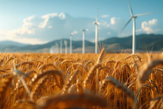 Close up view on a golden wheat with clean energy wind turbines in the background.