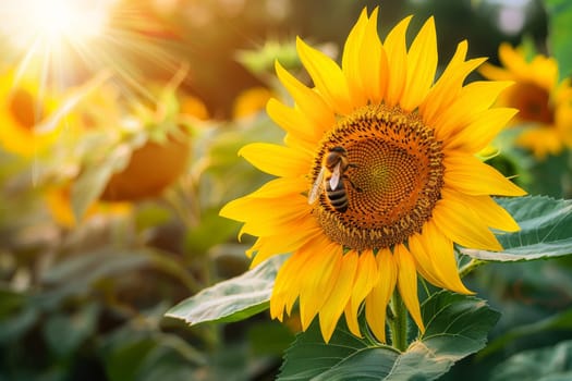Sunflower with a honey bee with a blue sky on background, pollinates and collects honey.