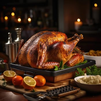 A festive richly plated Thanksgiving table with roasted turkey and other Thanksgiving foods.