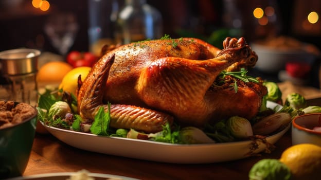 A festive richly plated Thanksgiving table with roasted turkey and other Thanksgiving foods.