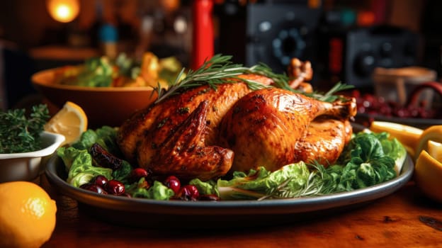 A festive richly plated Thanksgiving table with roasted turkey and other Thanksgiving foods.