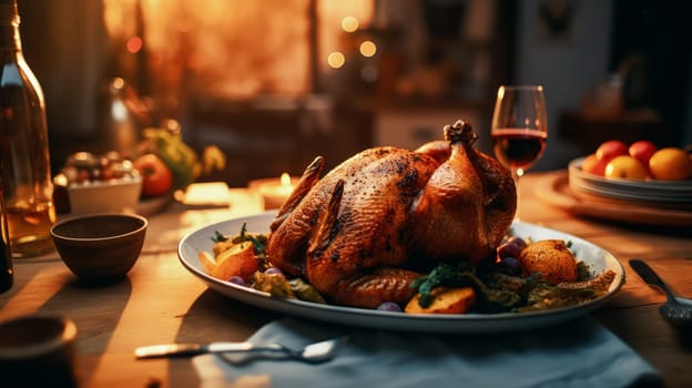 A festive richly plated Thanksgiving table with roasted turkey and other Thanksgiving foods.