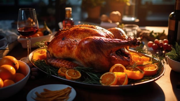 A festive richly plated Thanksgiving table with roasted turkey and other Thanksgiving foods.